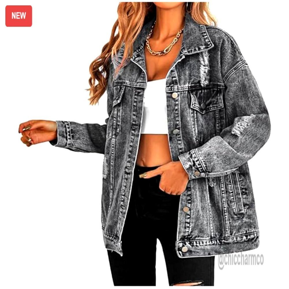 Oversized Boyfriend Denim Jacket Ripped Distressed Cotton Polyester Blend